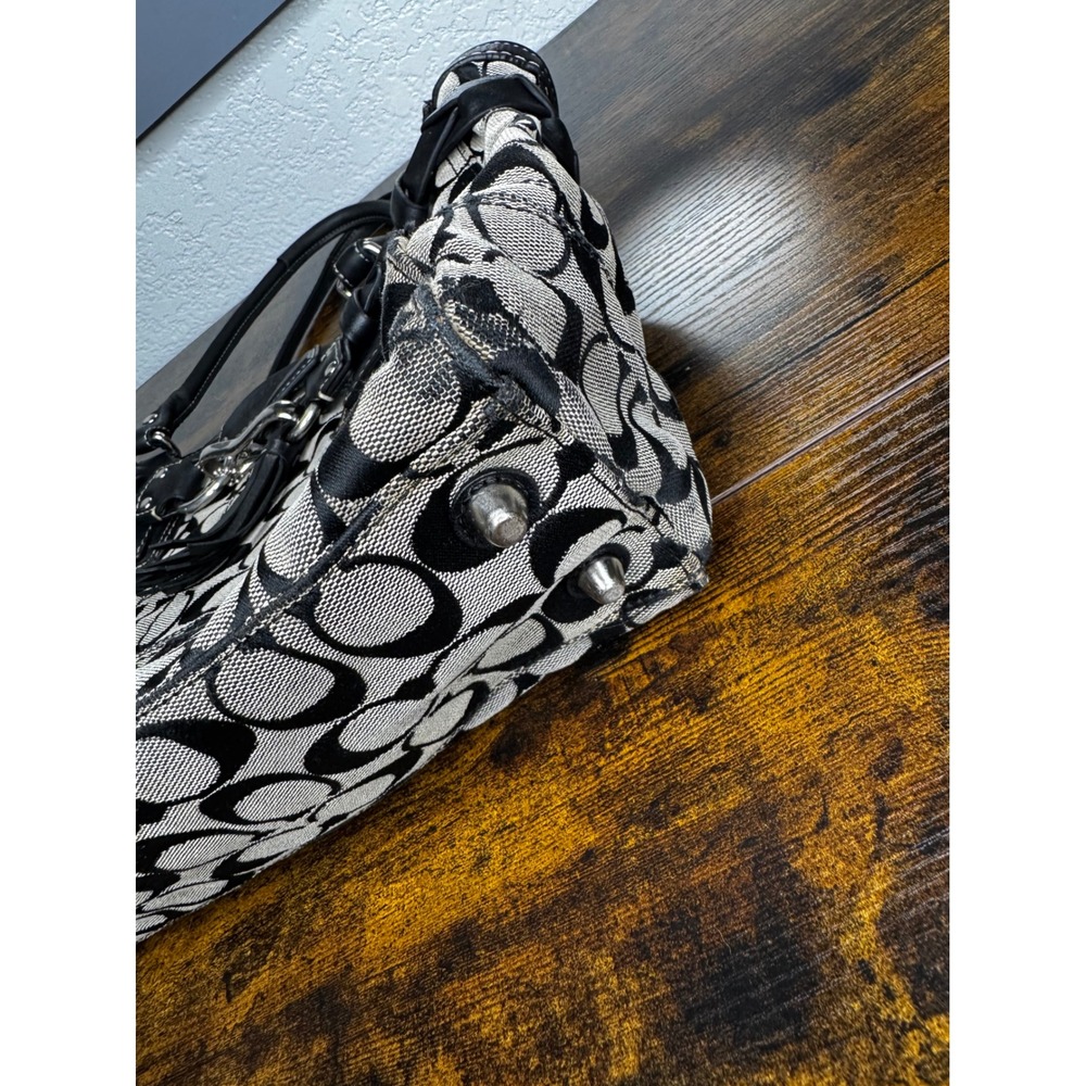 Coach Signature C Tote Bag Black Grey Canvas Leather Braided Trim Tassel - Picture 12 of 16